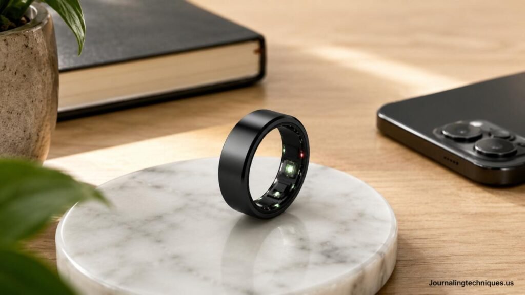 Vital Health smart ring placed on a modern desk with smartphone and notebook