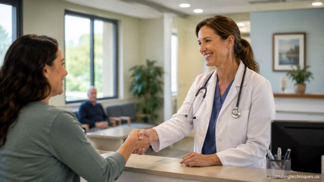Healthcare provider discussing medical network access with a patient in a modern clinic