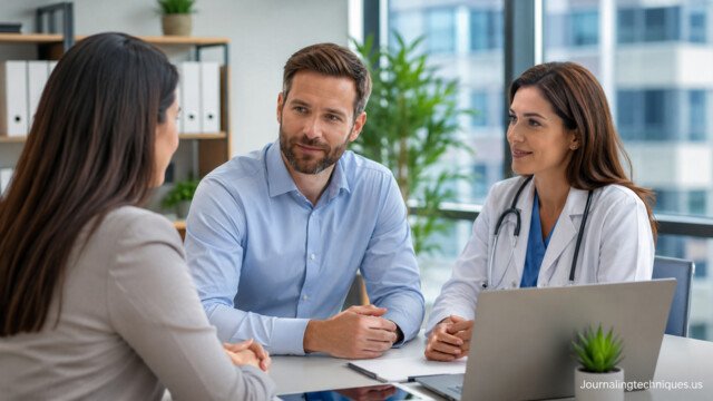 Employees discussing employer-sponsored health benefits with a healthcare advisor