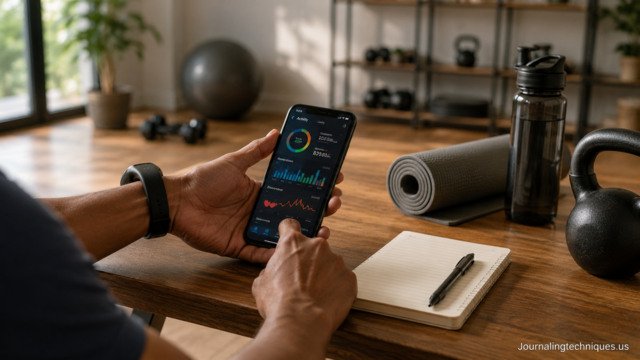 Person analyzing fitness and activity tracking data on a smartphone during a workout session