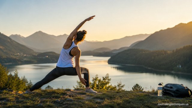 Woman practicing intentional movement exercises outdoors near a peaceful lake and mountains