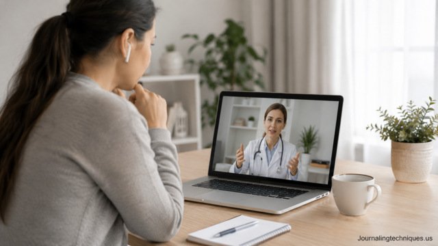 Woman attending a telehealth visit through online access on a laptop
