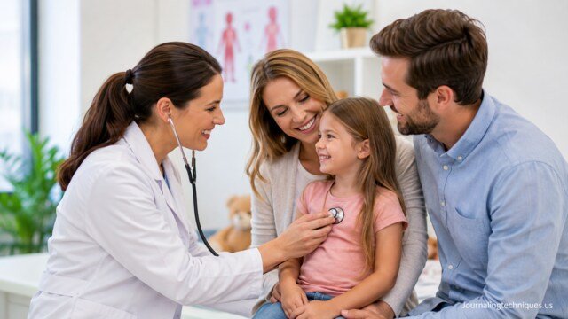 Pediatric doctor providing healthcare support to a smiling child with parents in a family clinic