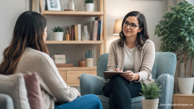 Behavioral health counselor talking with a client in a calm therapy office