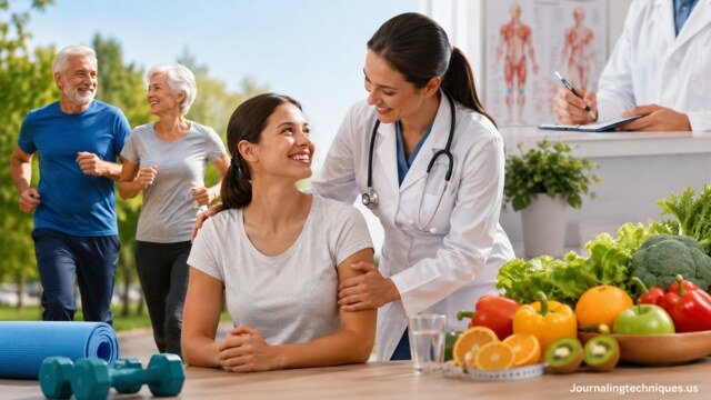 Doctor discussing preventive healthcare with patient alongside healthy lifestyle activities