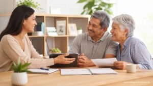 Bright Health: Navigate Coverage Options, Benefits, Costs, and Member Services Effectively Bright Health insurance advisor helping seniors review healthcare coverage options