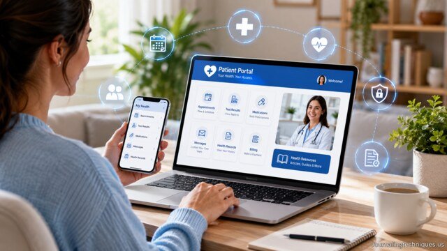 Patient using digital healthcare portal and online medical resources