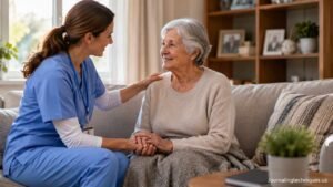 Caregiver providing in-home care assistance to an elderly woman in a comfortable home setting.