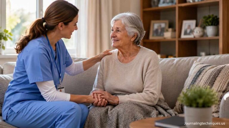 Anchor Health Home Care: A Practical Guide to Choosing, Starting, and Managing In-Home Care Services Caregiver providing in-home care assistance to an elderly woman in a comfortable home setting.