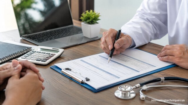 Medical professional reviewing insurance documents with a patient