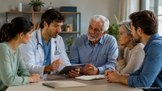Family members discussing healthcare plans with a doctor