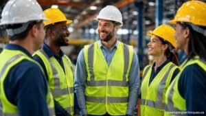 Employees collaborating in a safe and healthy workplace environment