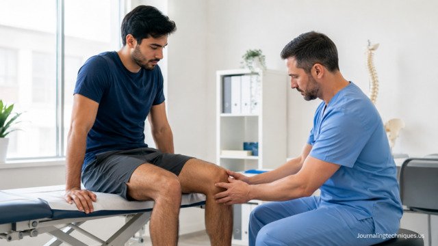 Orthopedic specialist examining a patient's knee during treatment