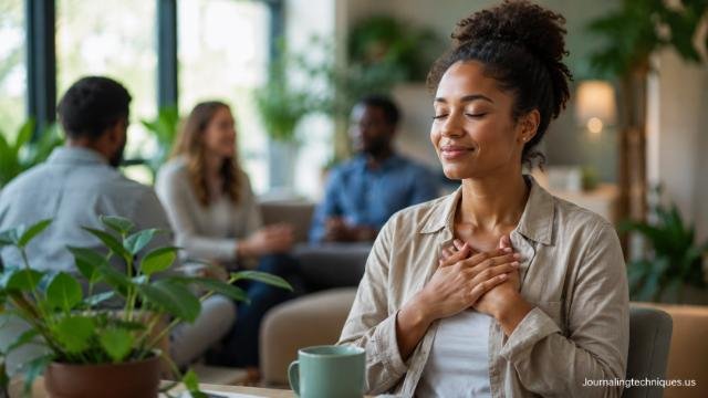 Employee practicing mindfulness in a supportive workplace environment focused on mental health and well-being.