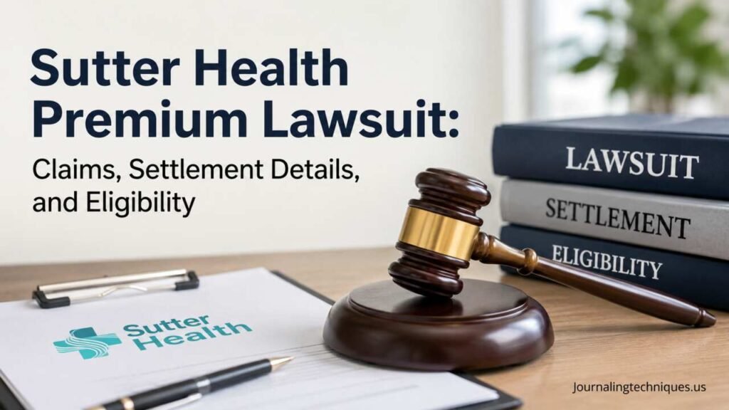A professional legal-themed featured image showing a judge's gavel, lawsuit-related documents, and healthcare paperwork representing the Sutter Health Premium Lawsuit. The image highlights claims, settlement details, and eligibility information for readers seeking the latest updates.