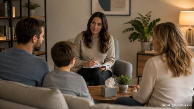 Family and couples counseling session with a therapist helping improve communication.